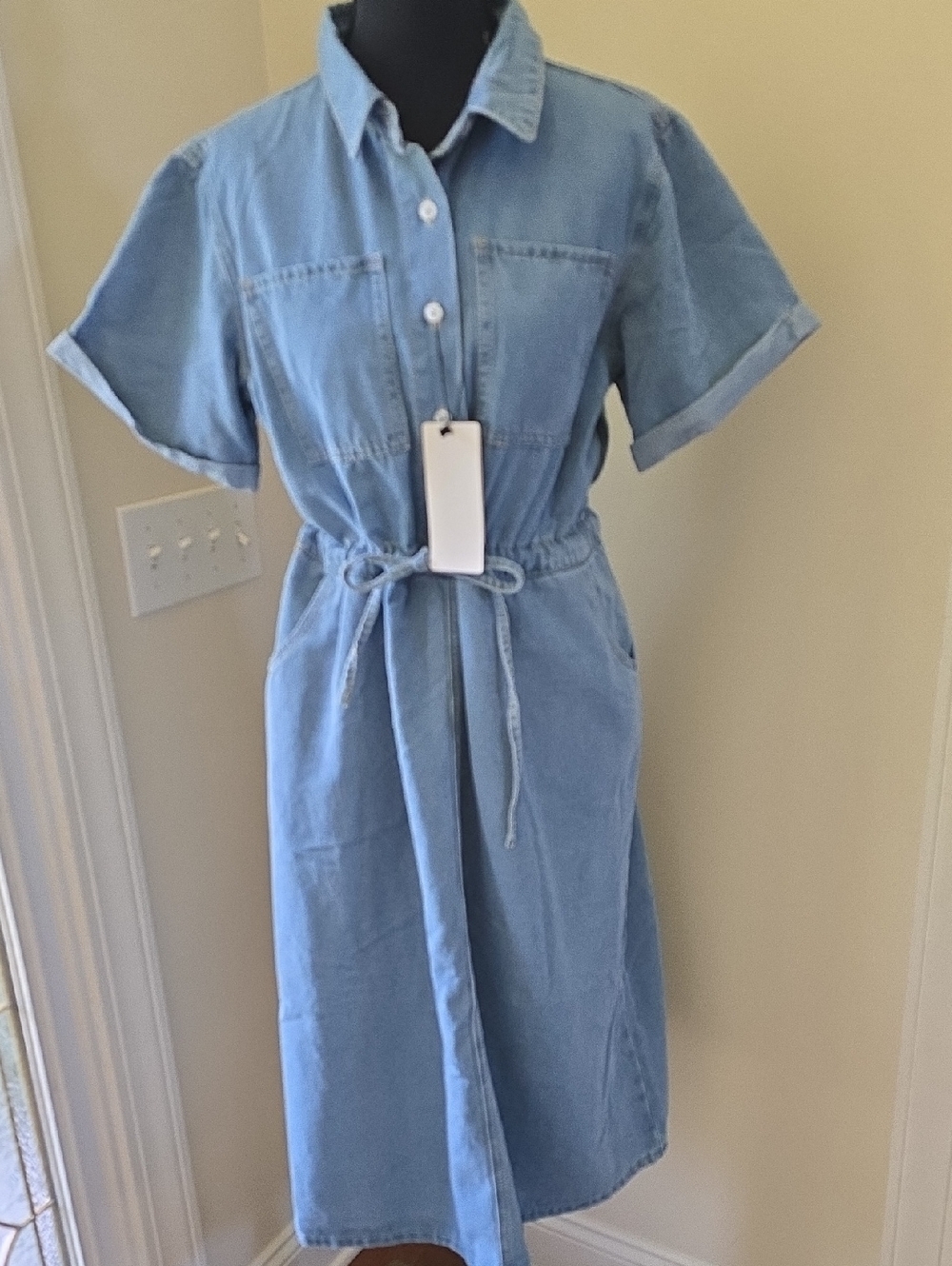 Casual Light Blue Denim Tie-Waist Midi Dress